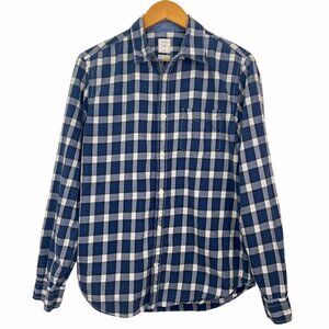 Gap Men Lightweight Twill Casual Button-Down Plaid Shirt Navy Blue White Medium